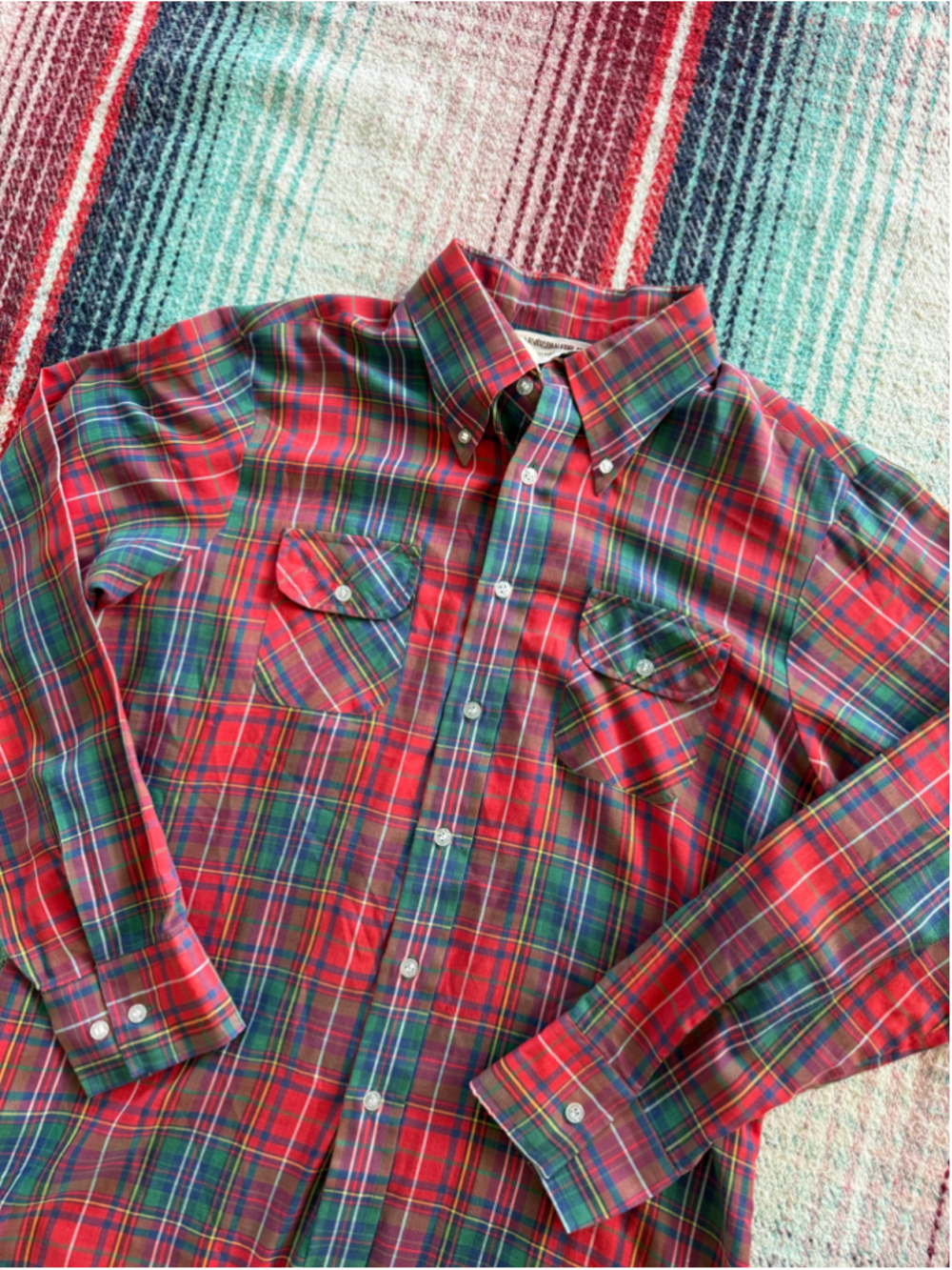 Vintage 70s Levi’s Panatela Blue/Red Plaid Button Down Dagger Collar Shirt XL